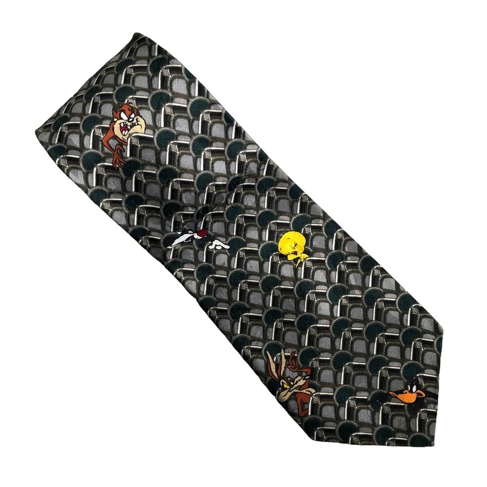 Vintage Looney Tunes Mania Green Silver Character Tweety Taz Bugs Bunny Neck Tie